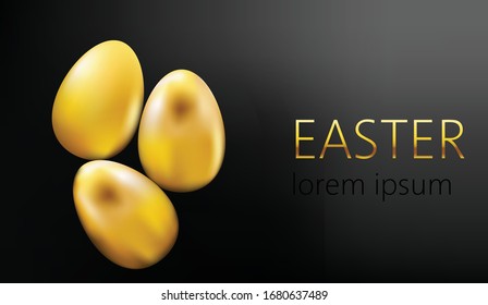 Golden easter eggs on black gradient background. Place for text