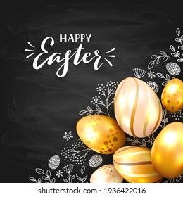 Golden Easter eggs on black chalkboard background with floral pattern and white lettering Happy Easter. Illustration can be used for holiday design, banner, website, greeting cards.