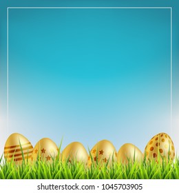 Golden easter eggs on a grass. Easter sale background.