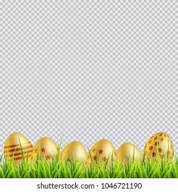 Golden easter eggs on a grass. On transparent background.
