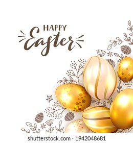 Golden Easter eggs on white background with floral pattern and lettering Happy Easter. Illustration can be used for holiday design, banner, website, greeting cards.