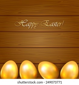 Golden Easter eggs on wooden background, illustration.