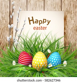 Golden Easter eggs on a wooden background vector illustration.