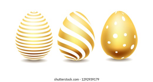 Golden Easter eggs with pattern set isolated on white background. Vector illustration. Good as Pascha logotype, badge and icon. Resurrection Sunday postcard, card, invitation, poster, banner template.