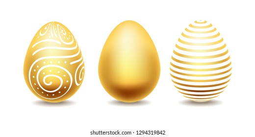 Golden Easter eggs with pattern set isolated on white background. Vector illustration. Good as Pascha logotype, badge and icon. Resurrection Sunday postcard, card, invitation, poster, banner template.