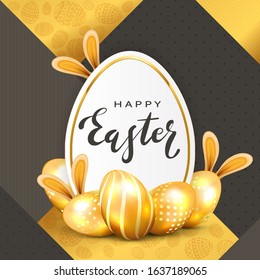 Golden Easter eggs with rabbit ears and holiday card with lettering Happy Easter on gold and black background. Illustration with eggs and bunny can be used for holiday design, decorations and cards.