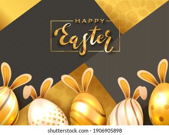 Huevos de Pascua Dorada con orejas de conejo. Lettering Happy Easter sobre el fondo dorado y negro. La ilustración con elementos de lujo se puede utilizar para el diseño de vacaciones, banner y tarjetas de felicitación.