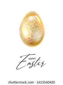 Golden Easter eggs with ribbon bow and black calligraphic text over white background. Vector illustration.