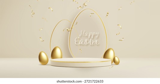 Huevos de Pascua de oro y podio redondo sobre fondo beige. Vector ilustración realista de diseño de Anuncio de vacaciones de primavera con plataforma de presentación, serpentina de oro y decoración de morfismo de vidrio, tarjeta de felicitación