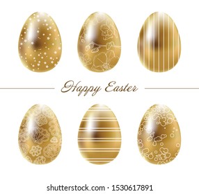 Golden easter eggs. Easter eggs set. Painting Easter eggs. Eggs on a white background. Vector illustration.