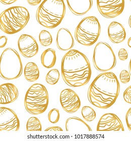 Golden easter eggs and specks, flecks, spots seamless vector pattern. Free hand drawn gold Easter background. Hand drawn painted eggs and uneven speckles, chaotic texture.