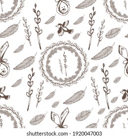 Golden easter eggs and specks, flecks, spots seamless vector pattern. Free hand drawn gold Easter background. Hand drawn painted eggs and uneven speckles, chaotic texture.