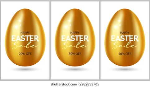 Golden Easter eggs and text Happy Easter Sale. Icon set. 3d luxury illustration