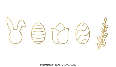 golden easter elements: bunny, egg, tulip and willow twig- vector illustration