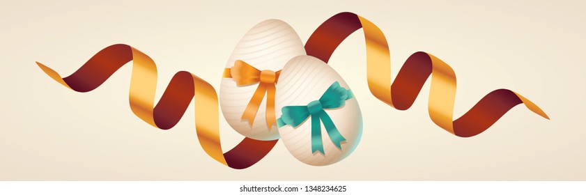 Golden easter elements, decorated eggs, colorful ribbons. Vector illustration greeting card, ad, promotion, poster, flyer, web-banner, article