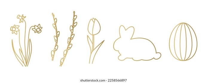 golden easter icon set: bunny, egg, tulip, willow twig, tulip and daffodil flowers - vector illustration