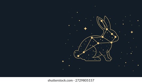 Golden easter rabbit constellation outline against a starry night sky background