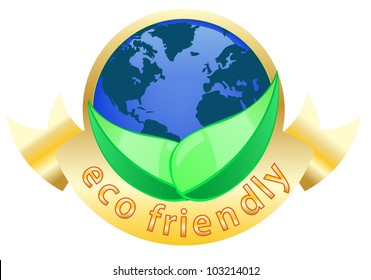 golden ecology friendly label with blue globe isolated white