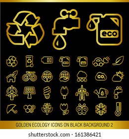 Golden Ecology Icons on Black Background 2. 