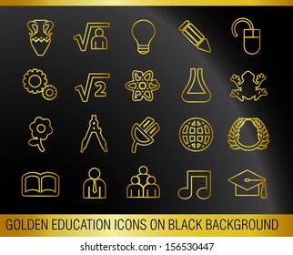 Golden Education Icons on Black Background.