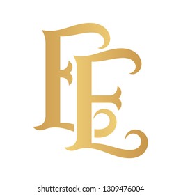 Golden EE monogram isolated in white.