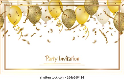 Golden effect balloons and golden confetti falling on white background. Greeting card, invitation, banner. Text Party invitation. Vector illustration. 