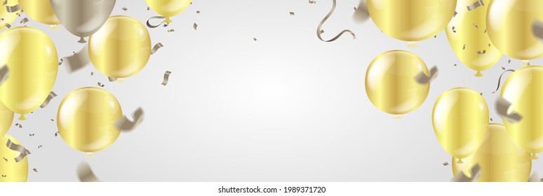 Golden effect balloons and gold confetti falling on the background. Greeting card 