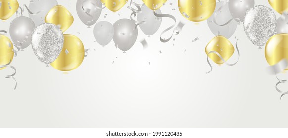 Golden effect balloons and gold confetti falling on the background. Greeting card 