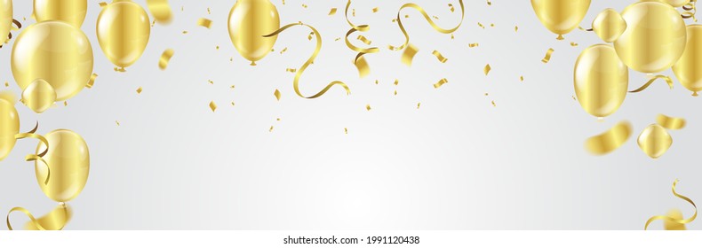 Golden effect balloons and gold confetti falling on the background. Greeting card 