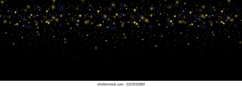 Golden effect glow, glare, explosion, glitter, sun glare, sparks and stars on black background