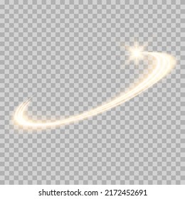 Golden effect light lines, vector semicircle. A trace of a fiery ring glowing on a transparent background. Glitter swirl trail effect with sparkles and stars. Bokeh with sparkling light
