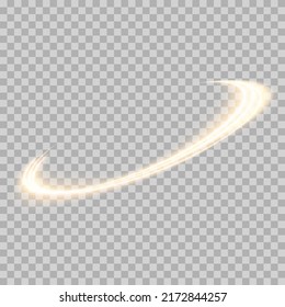 Golden effect light lines, vector semicircle. A trace of a fiery ring glowing on a transparent background. Glitter swirl trail effect with sparkles and stars. Bokeh with sparkling light

