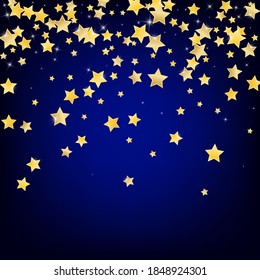 Golden Effect Stars Vector Blue Background. Light Confetti Wallpaper. Glitter Texture. Gold Celebration Sparkle Illustration.