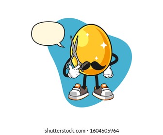 Golden egg barber with speech bubble cartoon. Mascot Character vector.