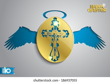 Golden egg with blue wings and a cross made of paper