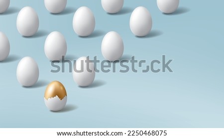 Golden egg with broken eggshell in front of white eggs on blue background. 
