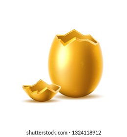 Golden egg with broken, exploded eggshell. Easter holiday symbol. Investment, money and success concept. Restaurant, cafe menu design. Earnings and savings design object. Vector illustration