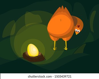 Golden egg. А chicken laid a golden egg. Orange chiken. Luminous egg. Vector stock illustration.