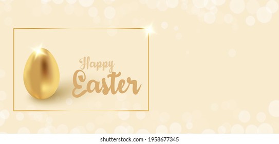 Golden egg - Easter greeting card for wishes for money and success. Background with spring flowers and tree branches. Festive design for greeting cards and web banners.