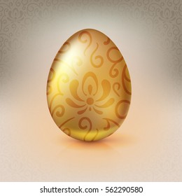 Golden egg with floral pattern. Happy Easter greeting card decorated floral elements on bright background. Template for vip banners or card, exclusive certificate, luxury voucher