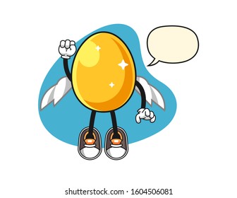 Golden egg fly with speech bubble cartoon. Mascot Character vector.