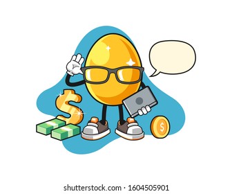 Golden egg freelancer with speech bubble cartoon. Mascot Character vector.