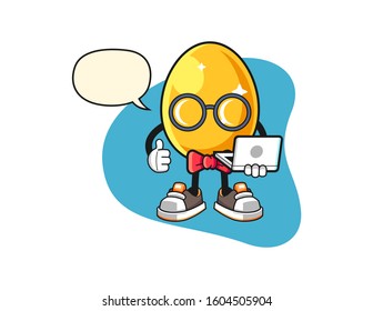 Golden egg geek with speech bubble cartoon. Mascot Character vector.