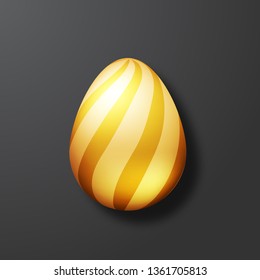 Golden egg with gold pattern on the black background. Realistic top view on the 3d object. Easter card in modern design. Vector illustration for holiday