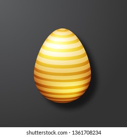 Golden egg with gold pattern on the black background. Realistic top view on the 3d object. Easter card in modern design. Vector illustration for holiday