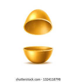 Golden egg halves with sliced eggshell. Easter holiday symbol. Investment, money and success concept. Restaurant, cafe menu design. Earnings and savings design object. Vector illustration