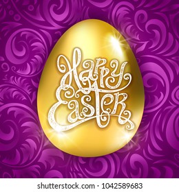 Golden egg happy Easter with decorative purple background floral pattern vector illustration.