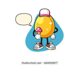 Golden egg hold ice cream with speech bubble cartoon. Mascot Character vector.