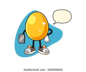 Golden egg hold smartphone with speech bubble cartoon. Mascot Character vector.