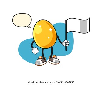 Golden egg hold white flag with speech bubble cartoon. Mascot Character vector.